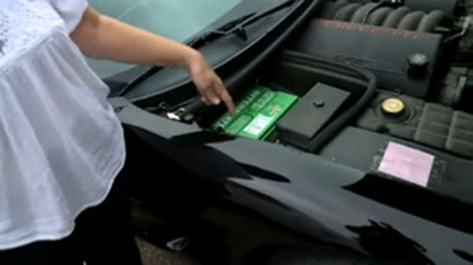 odi McHenry of Howard Wilson Chrysler Jeep Dodge points to the spot in the Corvette where the cat was stuck.