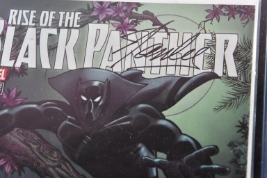 A Stan Lee-signed copy of "Rise of The Black Panther" Variant Edition #1 (Marvel Comics Group, March 2018) is displayed at Julien's Auctions in Beverly Hills, California, on November 13, 2018. - The comic book is part of a selection of 20 works associated with Lee's comics universe which will be sold November 16-17 at Julien's Auctions' Beverly Hills gallery and online. Stan Lee, who was the editor-in-chief of Marvel Comics, died November 12 in Los Angeles at age 95. (Photo by Robyn Beck / AFP)