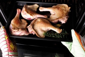 Raw goose meat on baking tray, elevated view