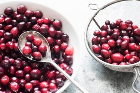 Fresh cranberries in a white bowl with spoon