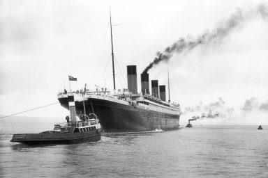 The R.M.S. Titanic leaving Belfast. The ship had a cat, Jenny, who served as its mascot.